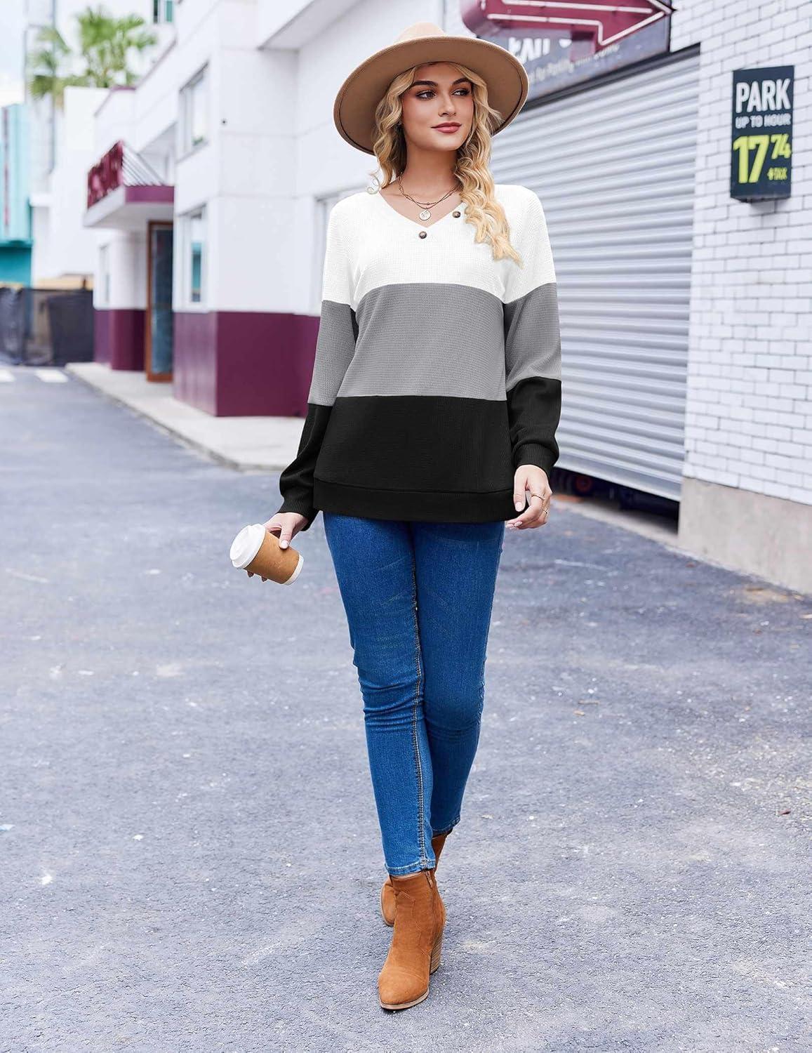 imageZeagoo Women Waffle Knit Tops V Neck Long Sleeve Tunics Color Block Casual Blouse Fall Fashion 2026 Button Decor T ShirtWhiteGreyBlack