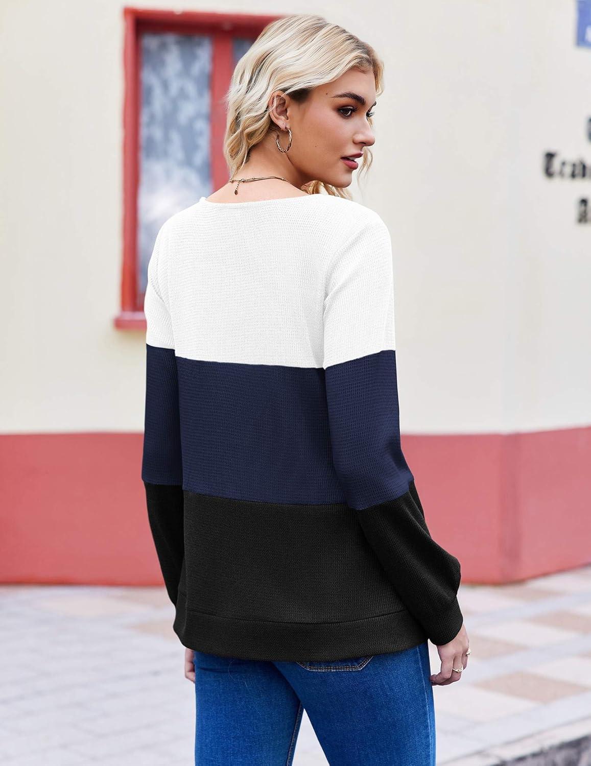 imageZeagoo Women Waffle Knit Tops V Neck Long Sleeve Tunics Color Block Casual Blouse Fall Fashion 2026 Button Decor T ShirtWhiteNavy BlueBlack