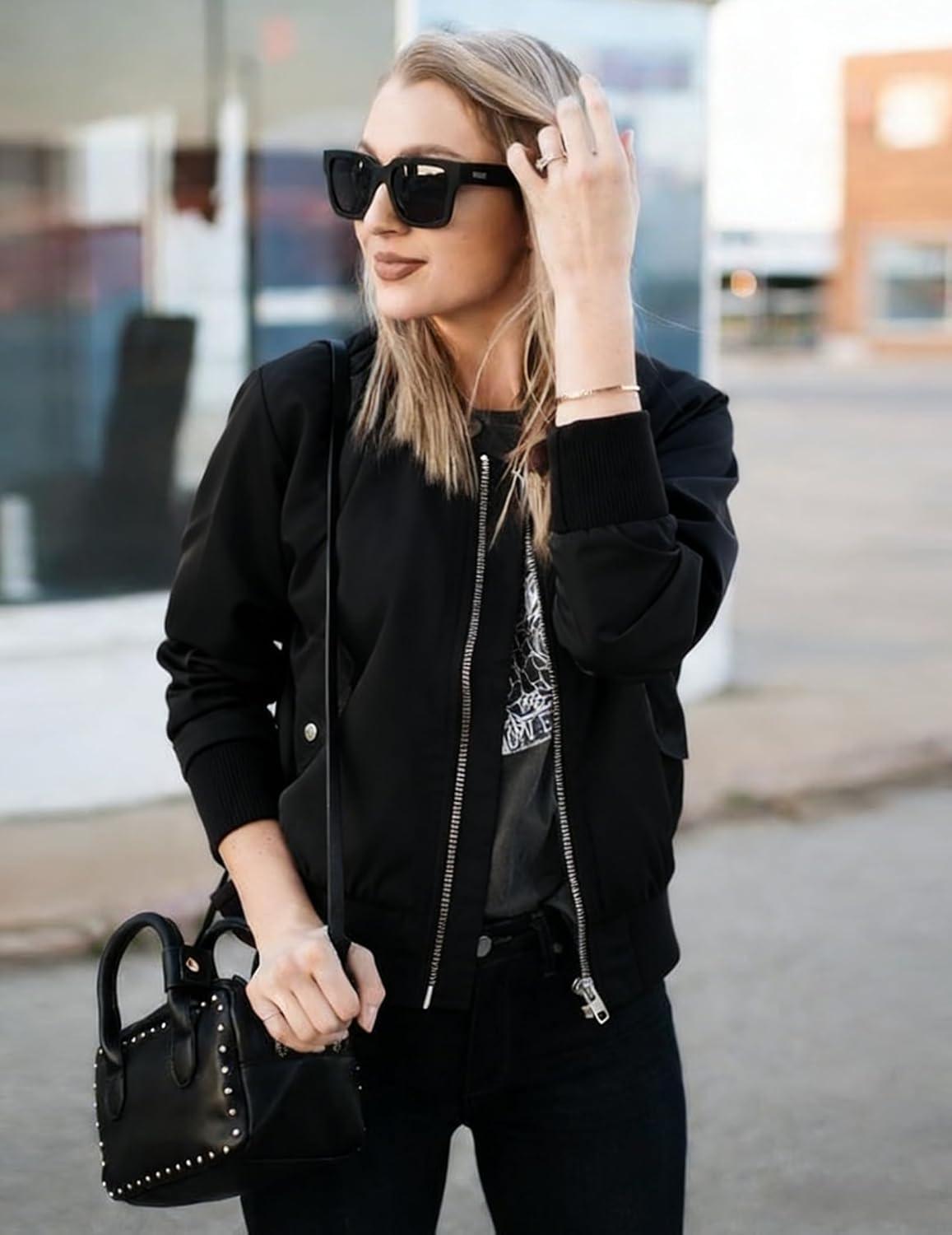 imageZeagoo Womens Bomber Jacket Casual Coat Zip Up Spring Fall Clothes with Pockets SXXLAblack