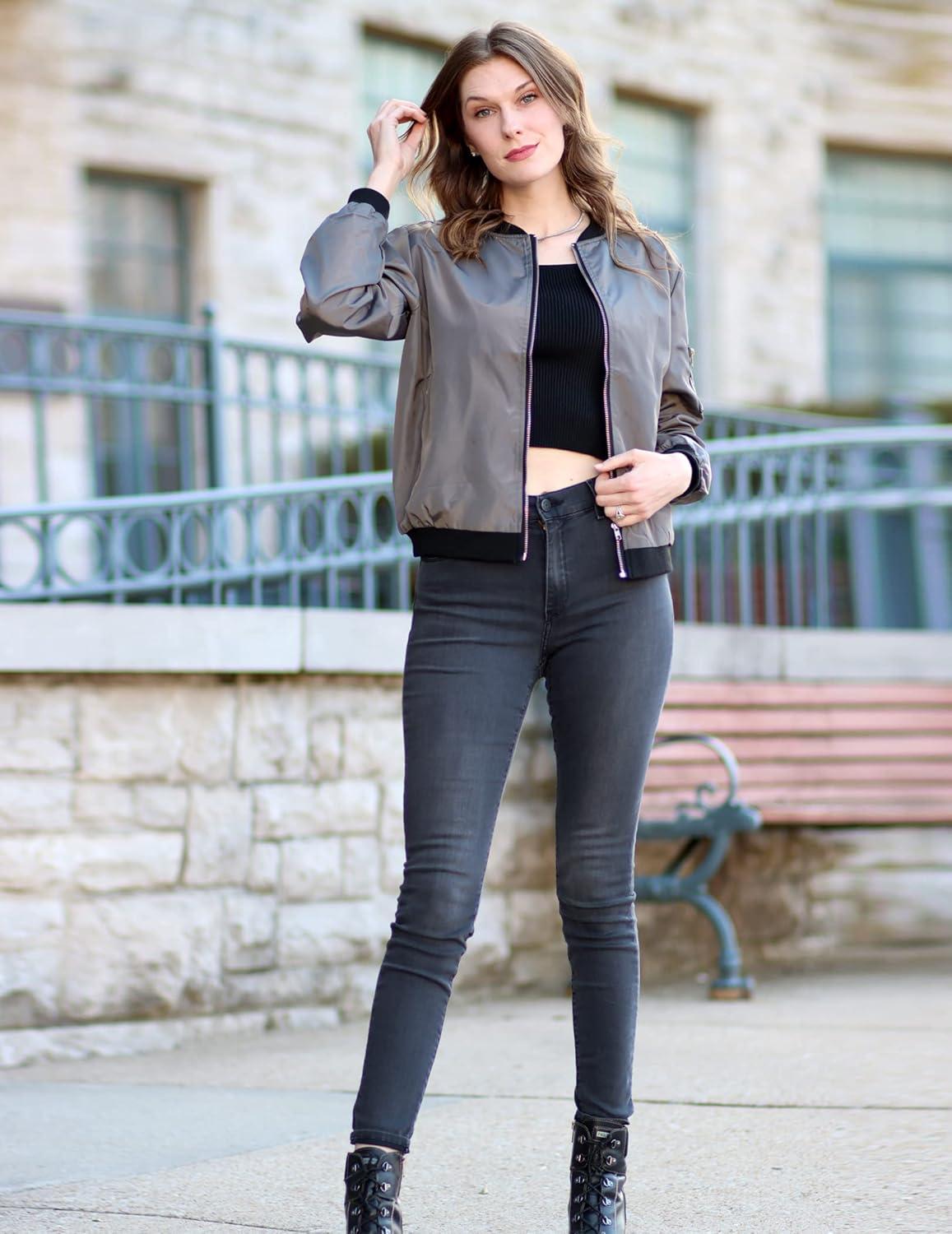 imageZeagoo Womens Bomber Jacket Casual Coat Zip Up Spring Fall Clothes with Pockets SXXLAgrey