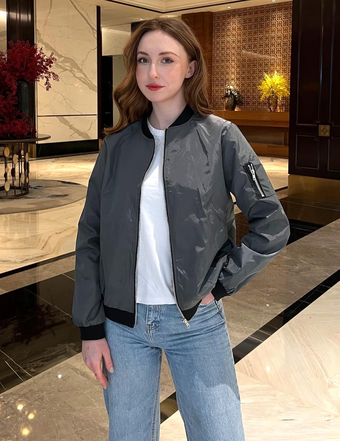 imageZeagoo Womens Bomber Jacket Casual Coat Zip Up Spring Fall Clothes with Pockets SXXLAgrey
