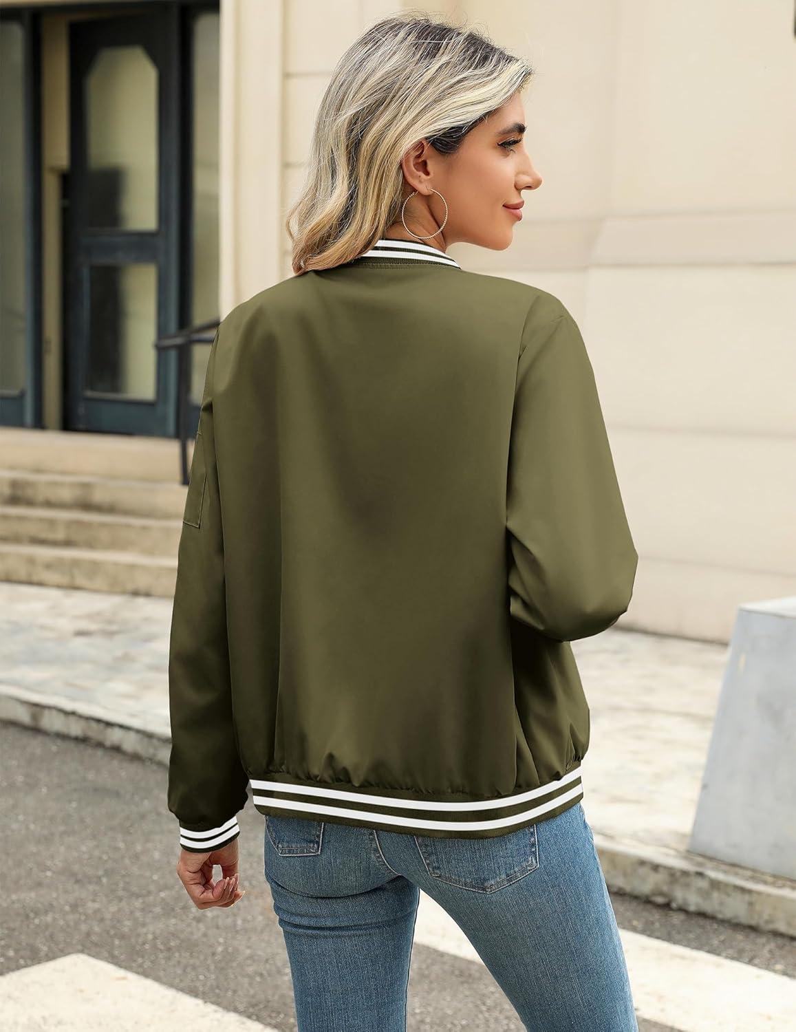 imageZeagoo Womens Bomber Jacket Casual Coat Zip Up Spring Fall Clothes with Pockets SXXLArmy Green Stripes