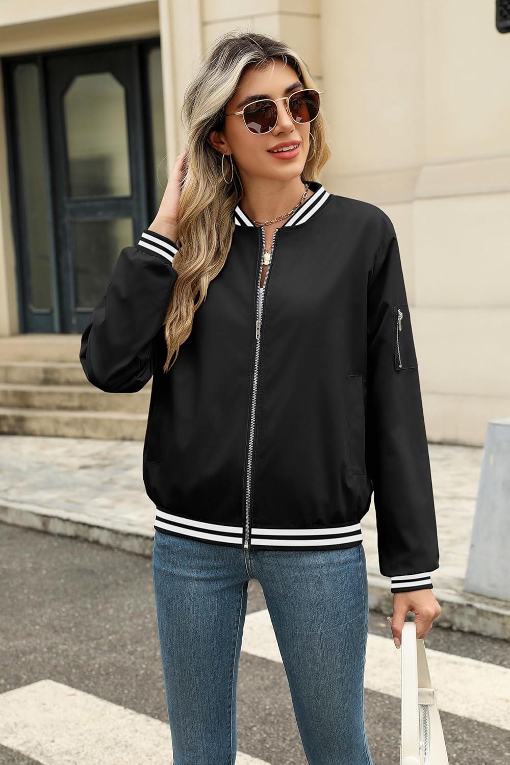 imageZeagoo Womens Bomber Jacket Casual Coat Zip Up Spring Fall Clothes with Pockets SXXLBlack Stripes