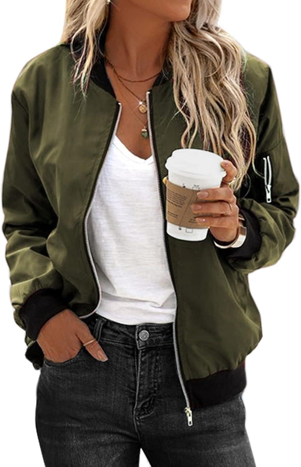 imageZeagoo Womens Bomber Jacket Casual Coat Zip Up Spring Fall Clothes with Pockets SXXLGreen