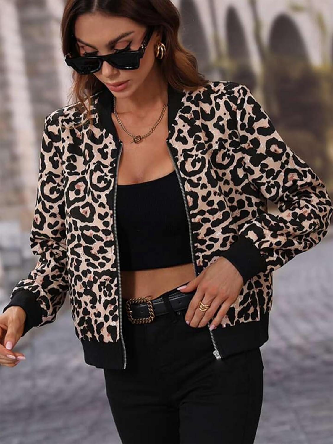 imageZeagoo Womens Bomber Jacket Casual Coat Zip Up Spring Fall Clothes with Pockets SXXLLeopard Print