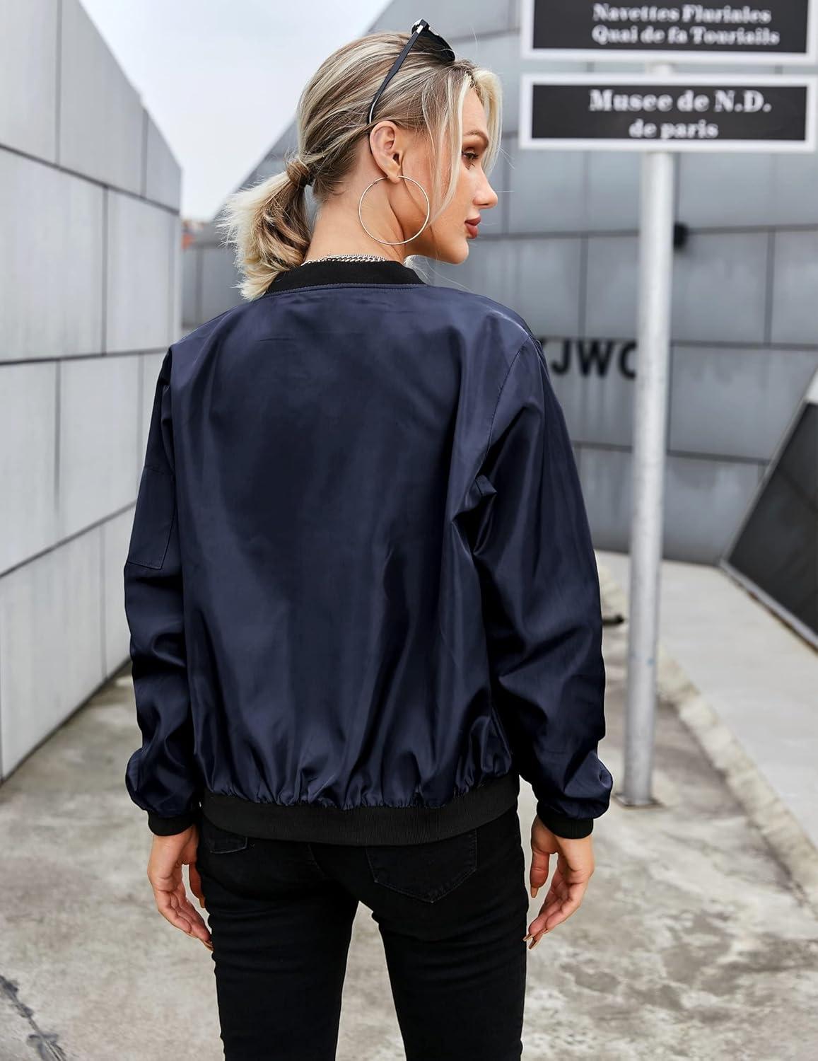 imageZeagoo Womens Bomber Jacket Casual Coat Zip Up Spring Fall Clothes with Pockets SXXLNavy Blue