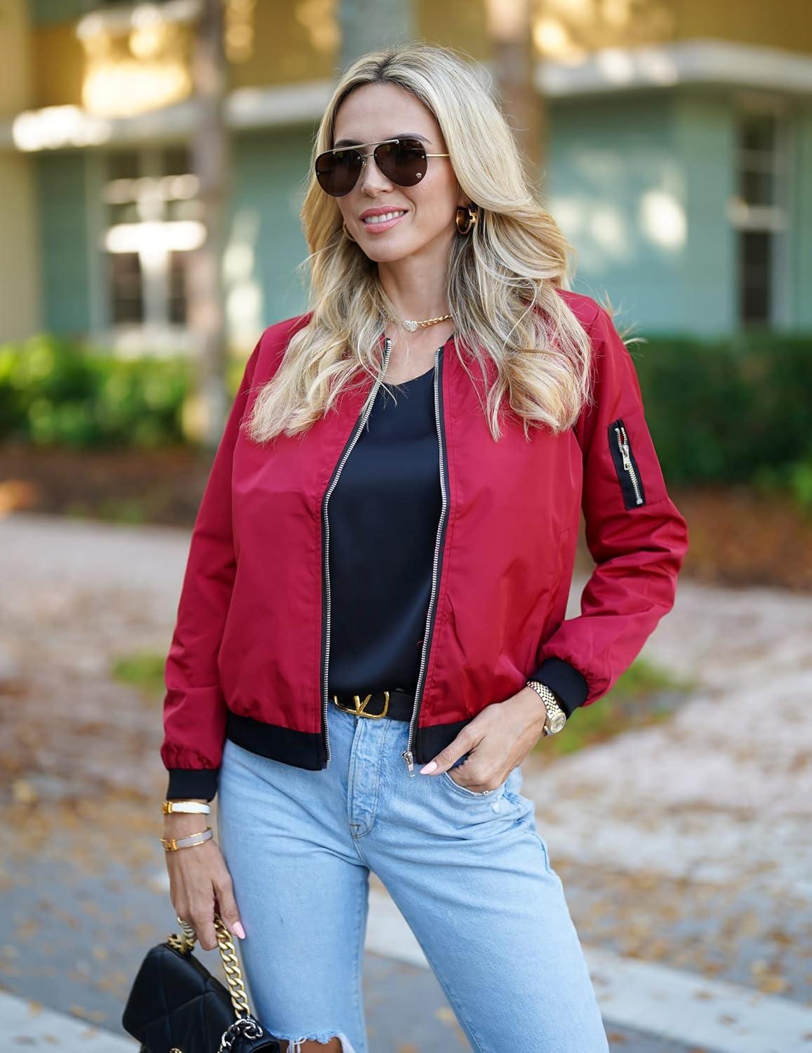 imageZeagoo Womens Bomber Jacket Casual Coat Zip Up Spring Fall Clothes with Pockets SXXLWine Red