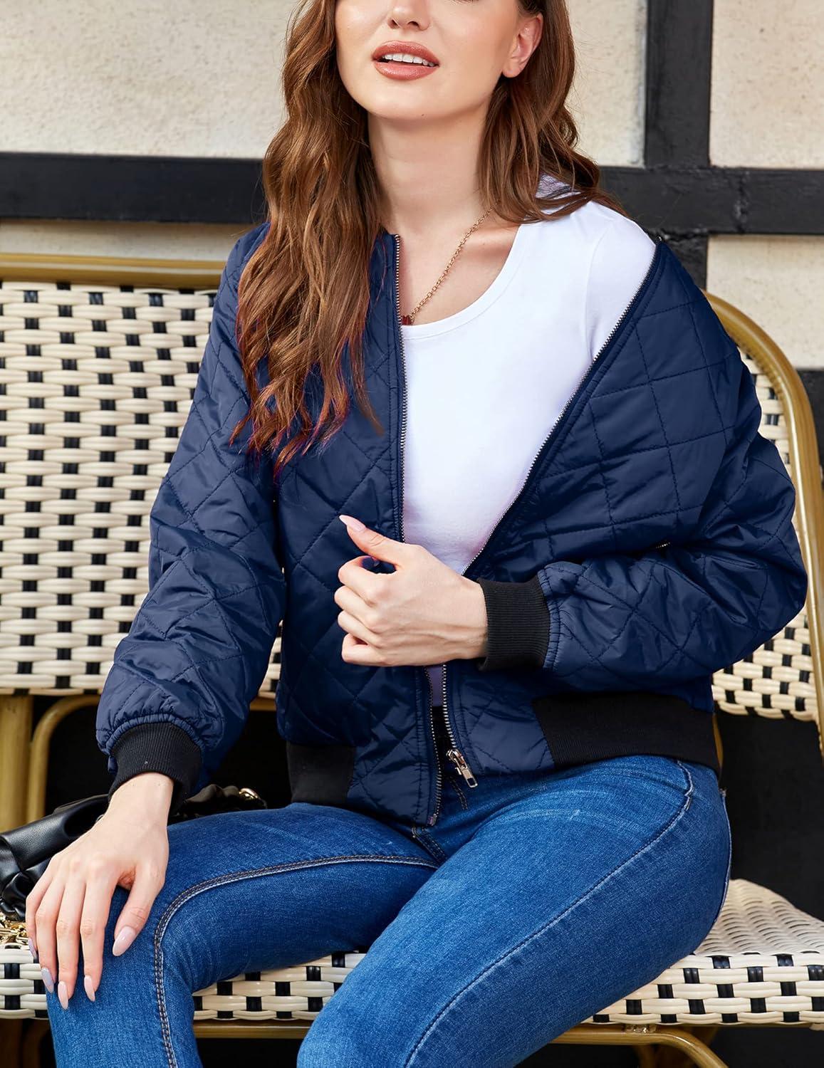 imageZeagoo Womens Bomber Jacket Casual Coat Zip Up Spring Fall Clothes with Pockets SXXLZnavy Blue