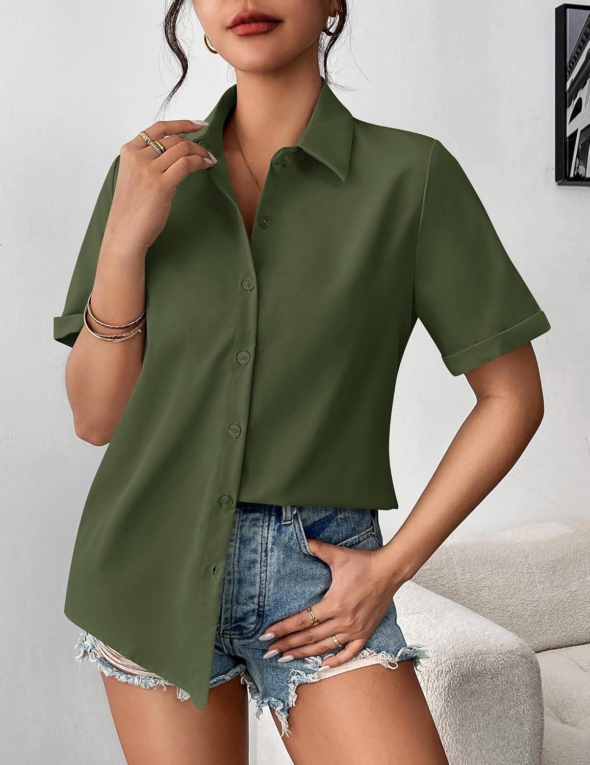 imageZeagoo Womens Button Down Blouse Rolled Cuffed Short Sleeve Shirts Casual Work Blouse Summer Hawaiian OutfitsArmy Green