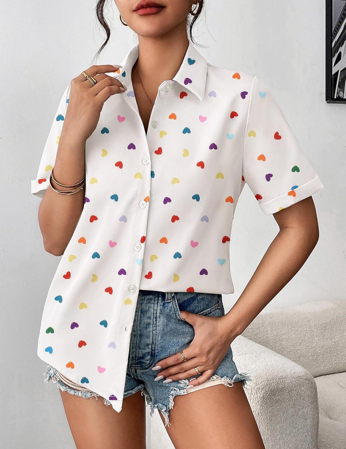 imageZeagoo Womens Button Down Blouse Rolled Cuffed Short Sleeve Shirts Casual Work Blouse Summer Hawaiian OutfitsAx25