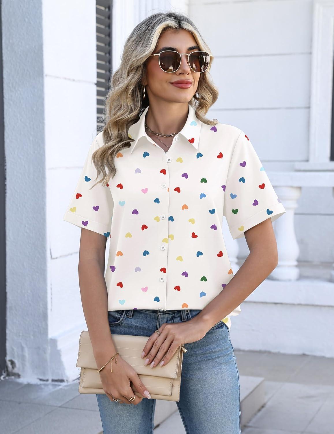 imageZeagoo Womens Button Down Blouse Rolled Cuffed Short Sleeve Shirts Casual Work Blouse Summer Hawaiian OutfitsAx25