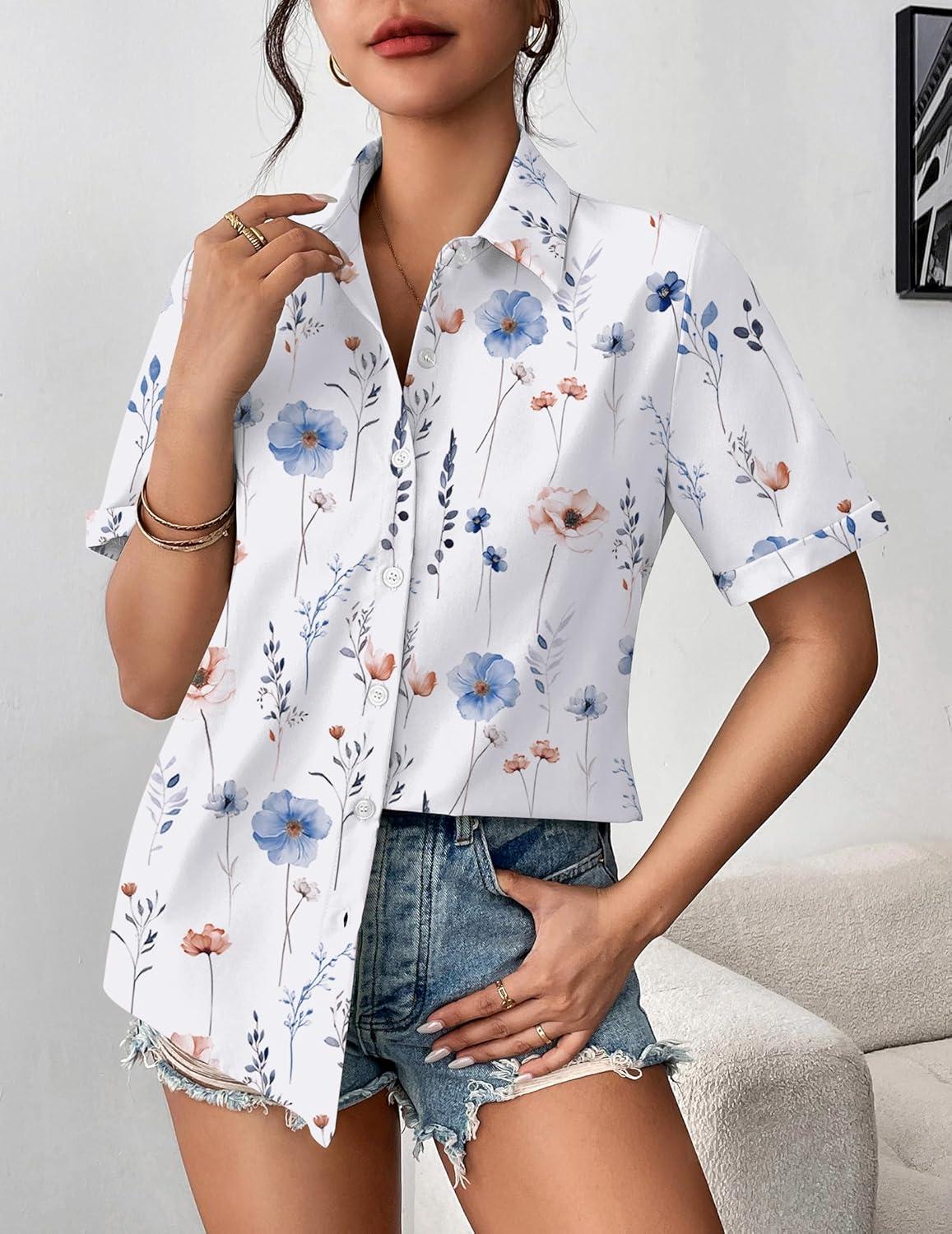 imageZeagoo Womens Button Down Blouse Rolled Cuffed Short Sleeve Shirts Casual Work Blouse Summer Hawaiian OutfitsBf112