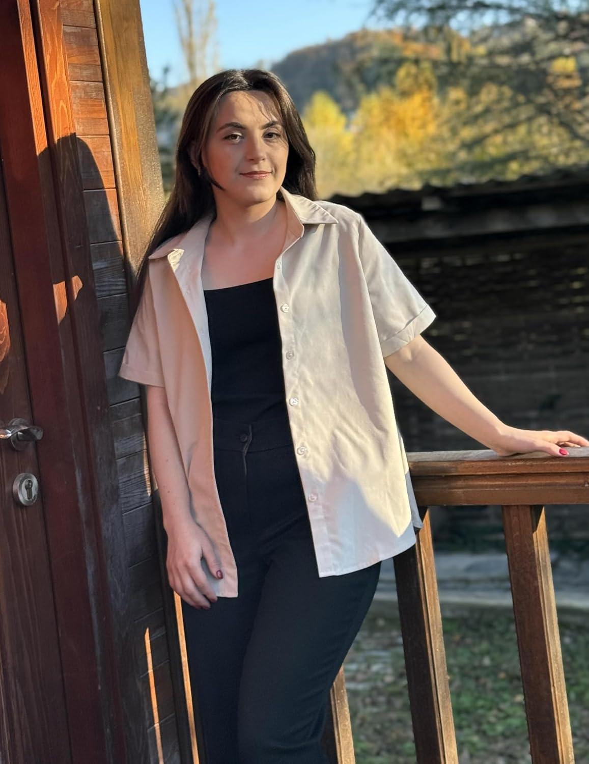 imageZeagoo Womens Button Down Blouse Rolled Cuffed Short Sleeve Shirts Casual Work Blouse Summer Hawaiian OutfitsChampagne