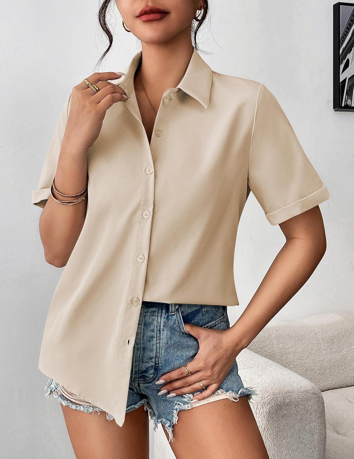 imageZeagoo Womens Button Down Blouse Rolled Cuffed Short Sleeve Shirts Casual Work Blouse Summer Hawaiian OutfitsChampagne