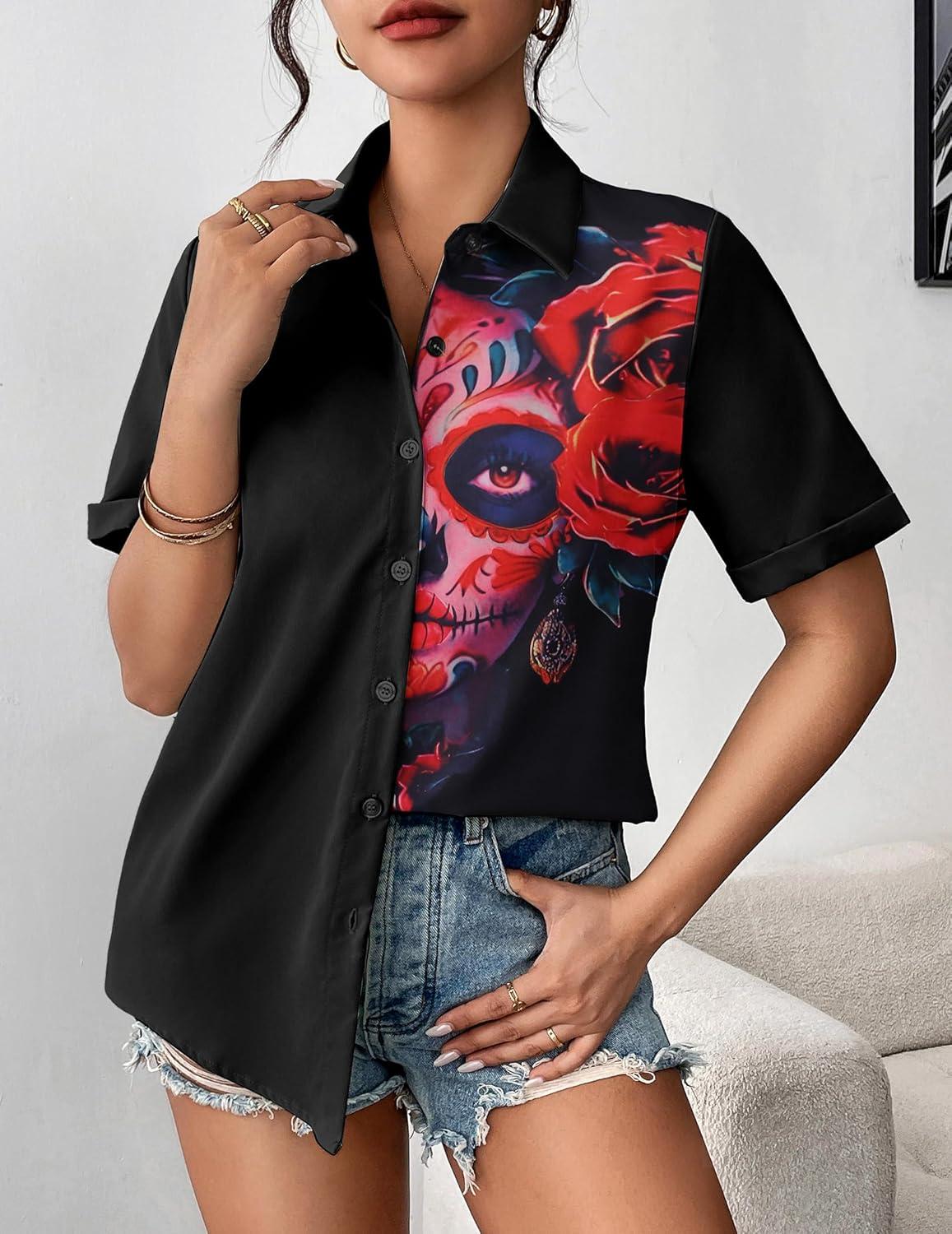 imageZeagoo Womens Button Down Blouse Rolled Cuffed Short Sleeve Shirts Casual Work Blouse Summer Hawaiian OutfitsCx256