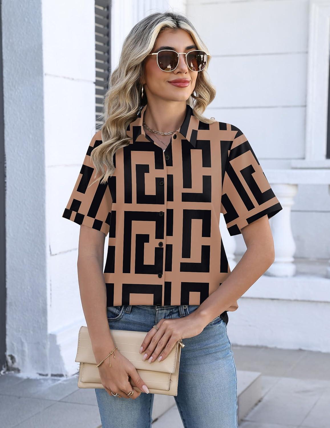 imageZeagoo Womens Button Down Blouse Rolled Cuffed Short Sleeve Shirts Casual Work Blouse Summer Hawaiian OutfitsJh308