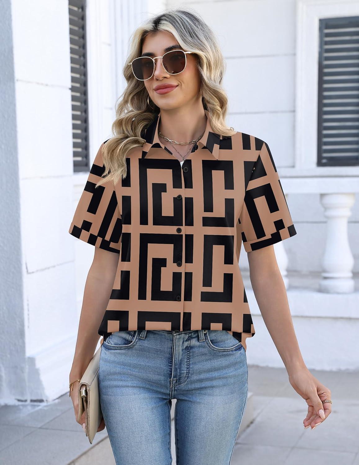 imageZeagoo Womens Button Down Blouse Rolled Cuffed Short Sleeve Shirts Casual Work Blouse Summer Hawaiian OutfitsJh308