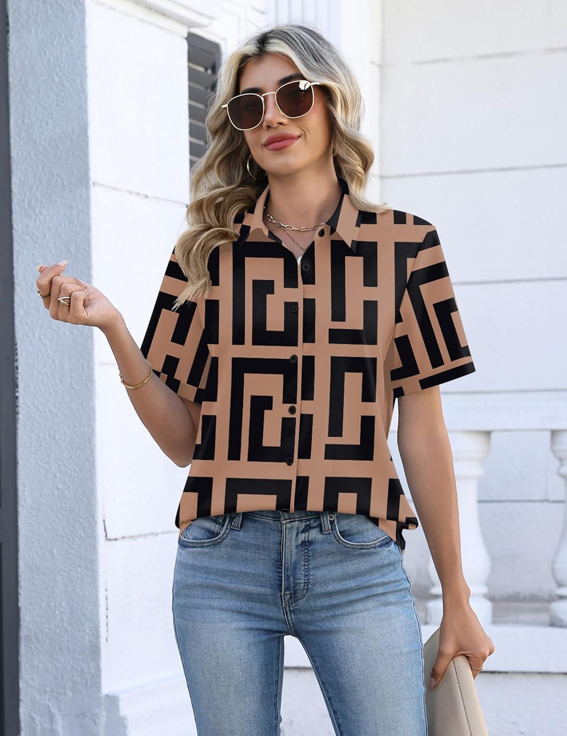 imageZeagoo Womens Button Down Blouse Rolled Cuffed Short Sleeve Shirts Casual Work Blouse Summer Hawaiian OutfitsJh308