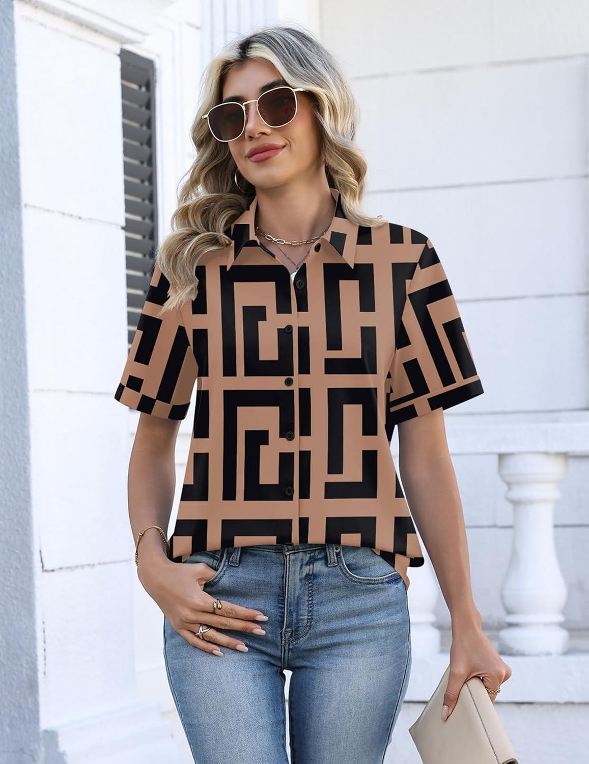 imageZeagoo Womens Button Down Blouse Rolled Cuffed Short Sleeve Shirts Casual Work Blouse Summer Hawaiian OutfitsJh308