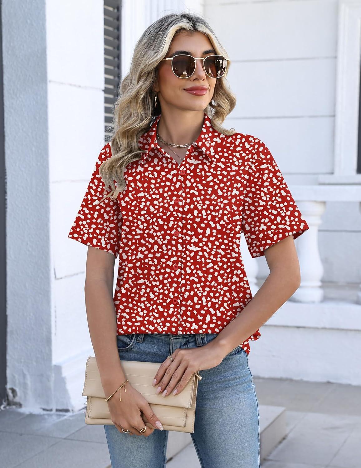 imageZeagoo Womens Button Down Blouse Rolled Cuffed Short Sleeve Shirts Casual Work Blouse Summer Hawaiian OutfitsJh590