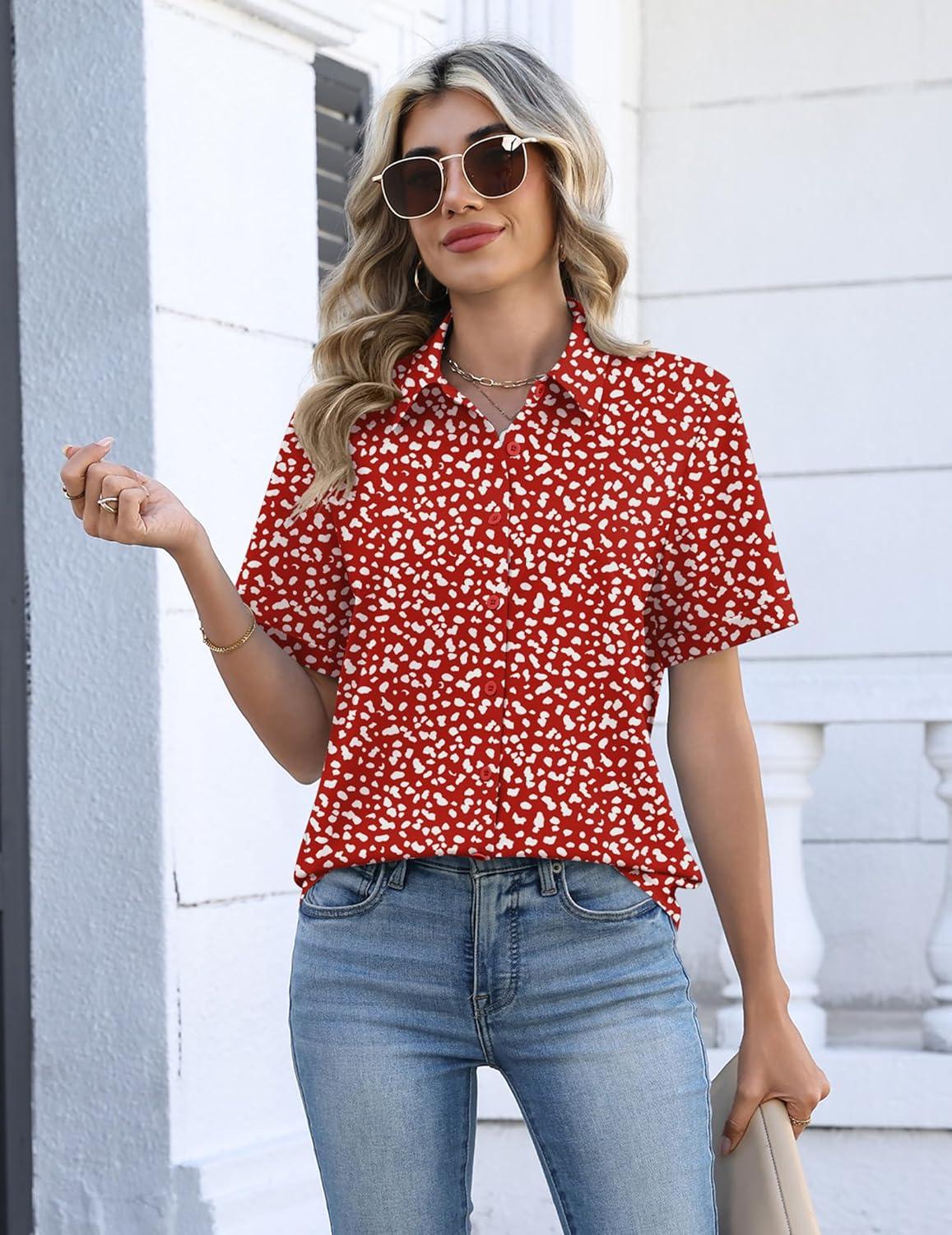 imageZeagoo Womens Button Down Blouse Rolled Cuffed Short Sleeve Shirts Casual Work Blouse Summer Hawaiian OutfitsJh590