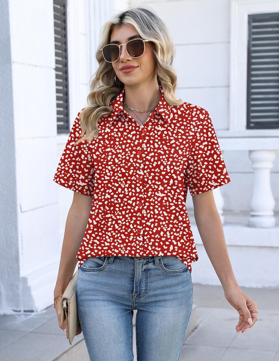 imageZeagoo Womens Button Down Blouse Rolled Cuffed Short Sleeve Shirts Casual Work Blouse Summer Hawaiian OutfitsJh590