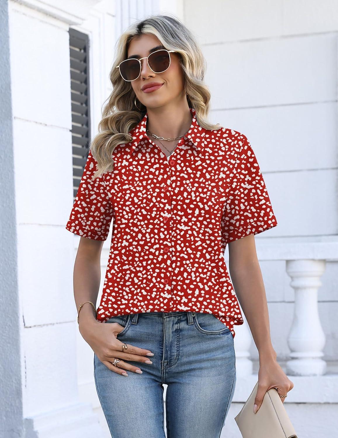 imageZeagoo Womens Button Down Blouse Rolled Cuffed Short Sleeve Shirts Casual Work Blouse Summer Hawaiian OutfitsJh590