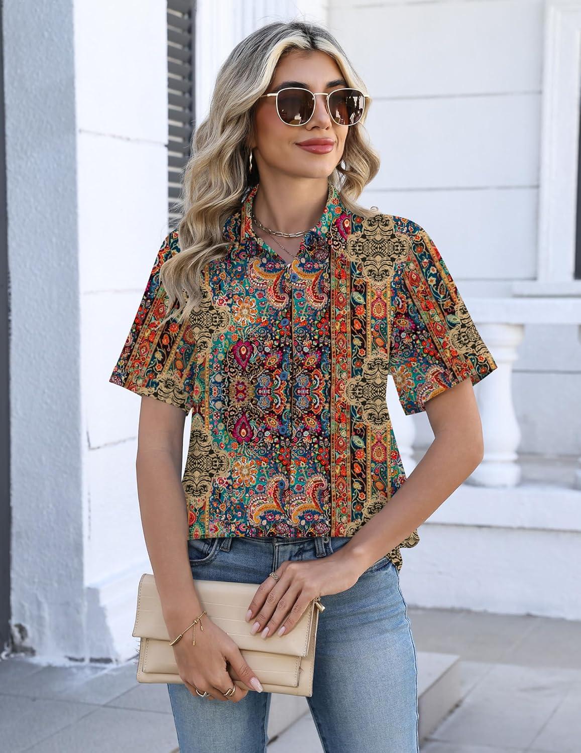imageZeagoo Womens Button Down Blouse Rolled Cuffed Short Sleeve Shirts Casual Work Blouse Summer Hawaiian OutfitsMz721