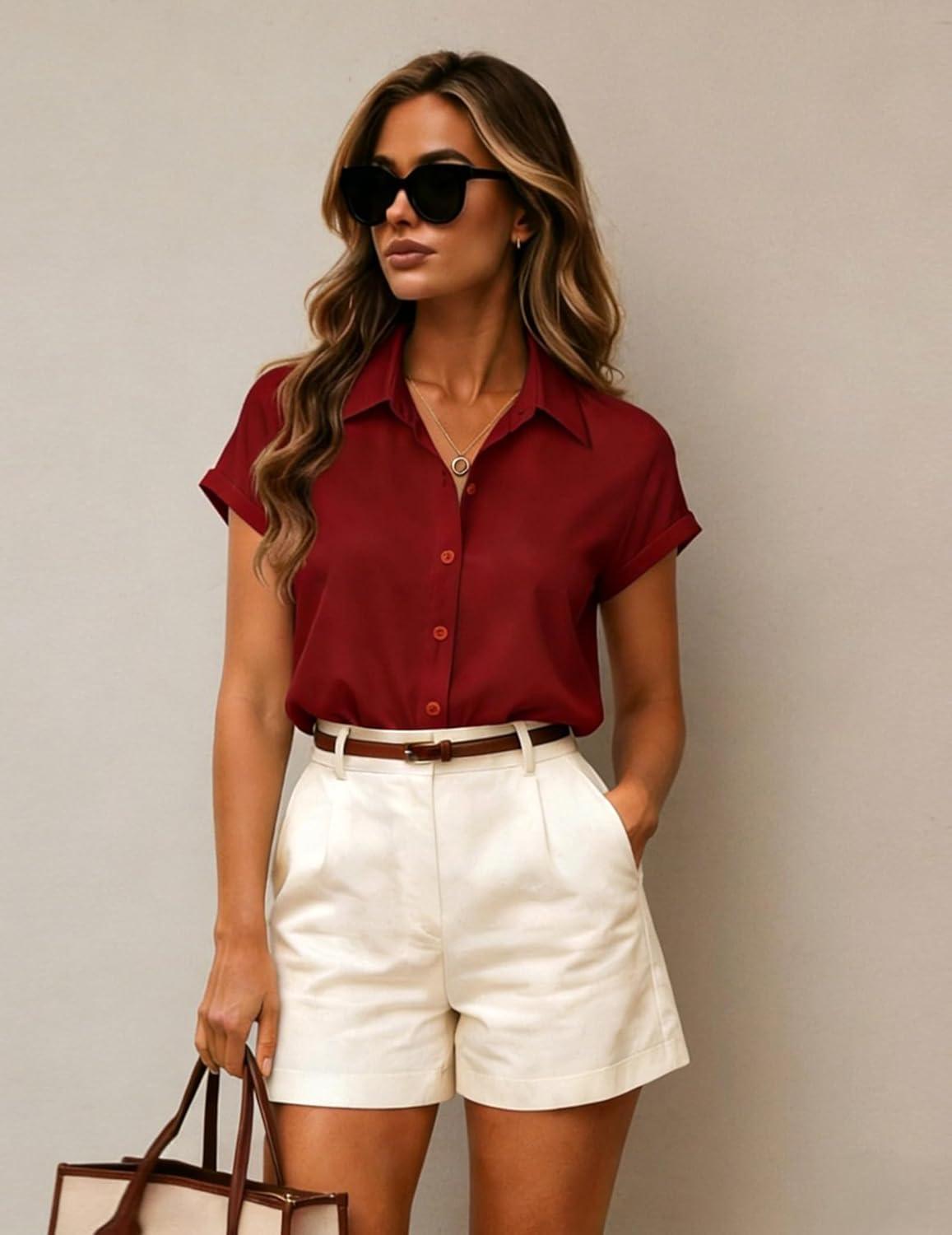 imageZeagoo Womens Button Down Blouse Rolled Cuffed Short Sleeve Shirts Casual Work Blouse Summer Hawaiian OutfitsRed