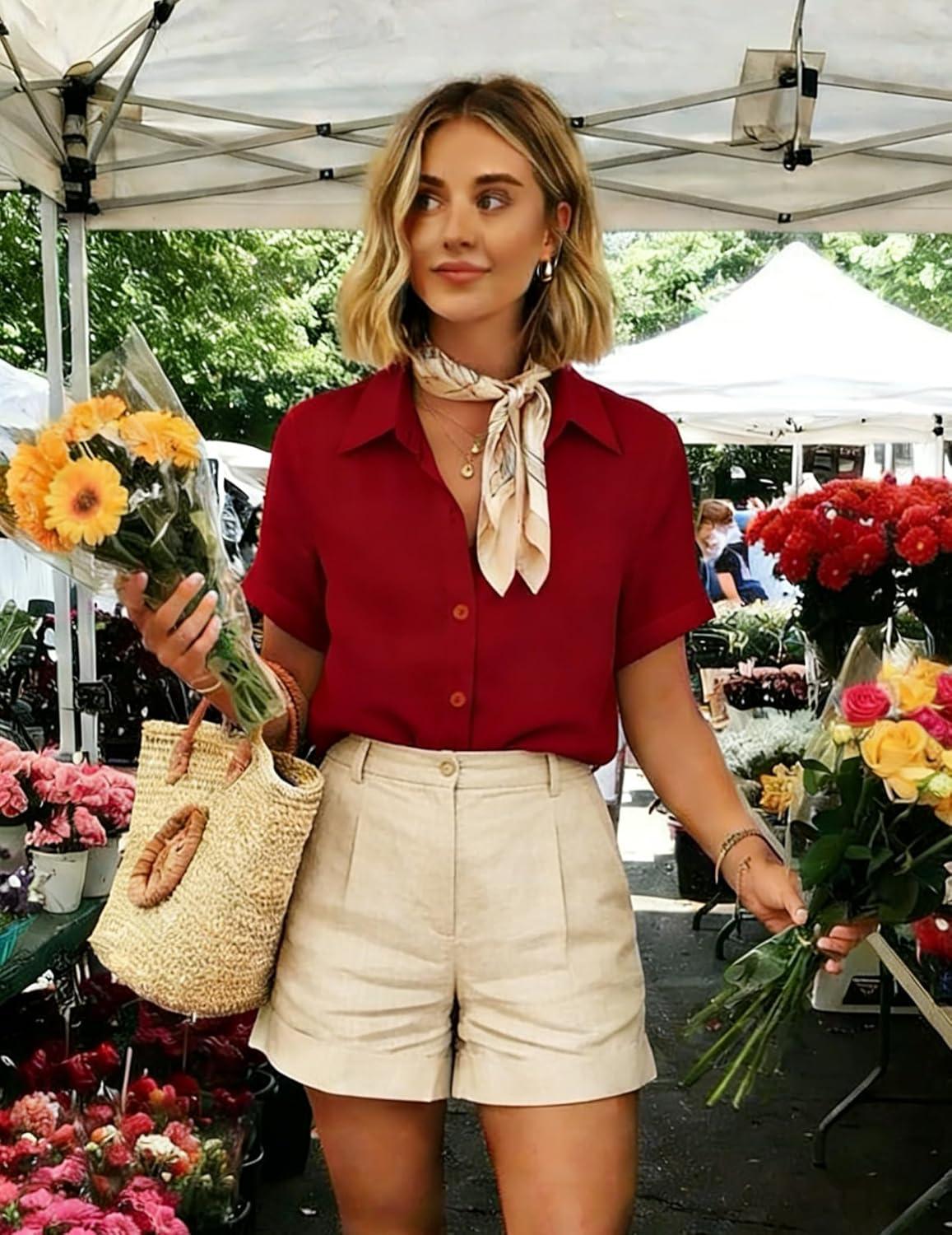 imageZeagoo Womens Button Down Blouse Rolled Cuffed Short Sleeve Shirts Casual Work Blouse Summer Hawaiian OutfitsRed