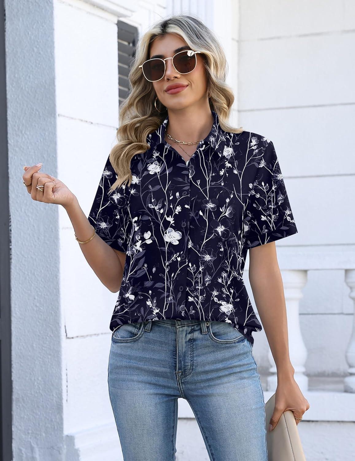 imageZeagoo Womens Button Down Blouse Rolled Cuffed Short Sleeve Shirts Casual Work Blouse Summer Hawaiian OutfitsSf180