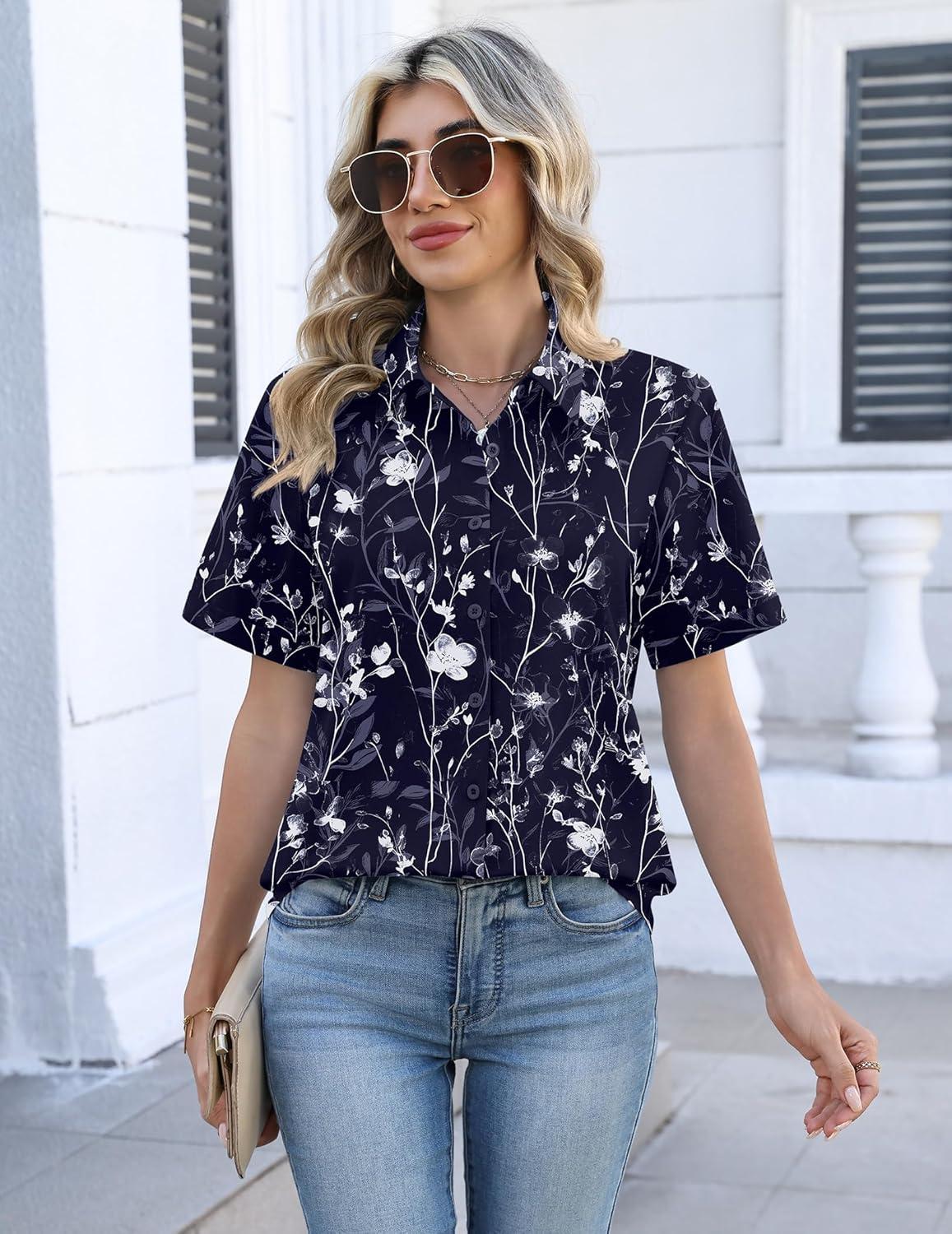 imageZeagoo Womens Button Down Blouse Rolled Cuffed Short Sleeve Shirts Casual Work Blouse Summer Hawaiian OutfitsSf180