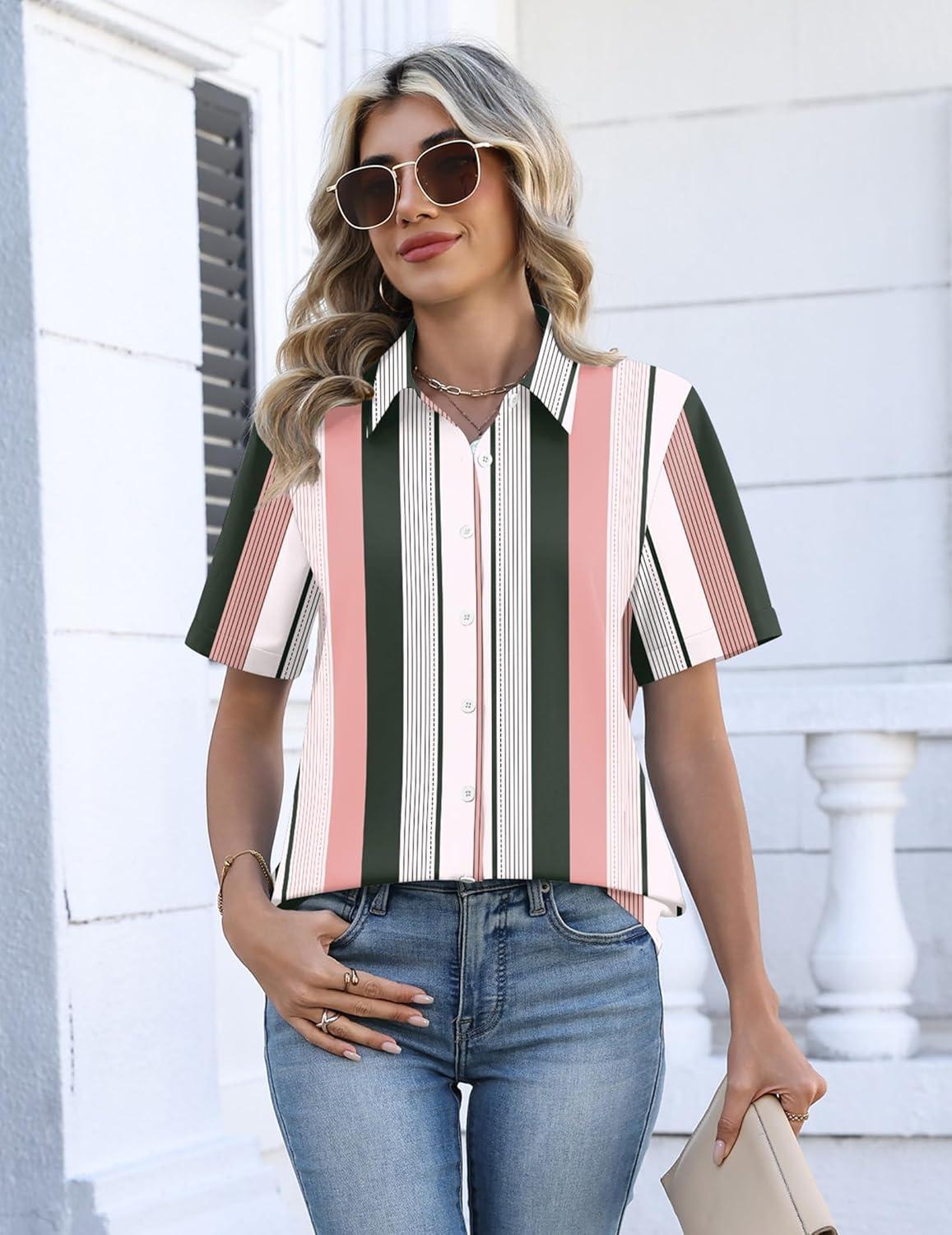 imageZeagoo Womens Button Down Blouse Rolled Cuffed Short Sleeve Shirts Casual Work Blouse Summer Hawaiian OutfitsTz264