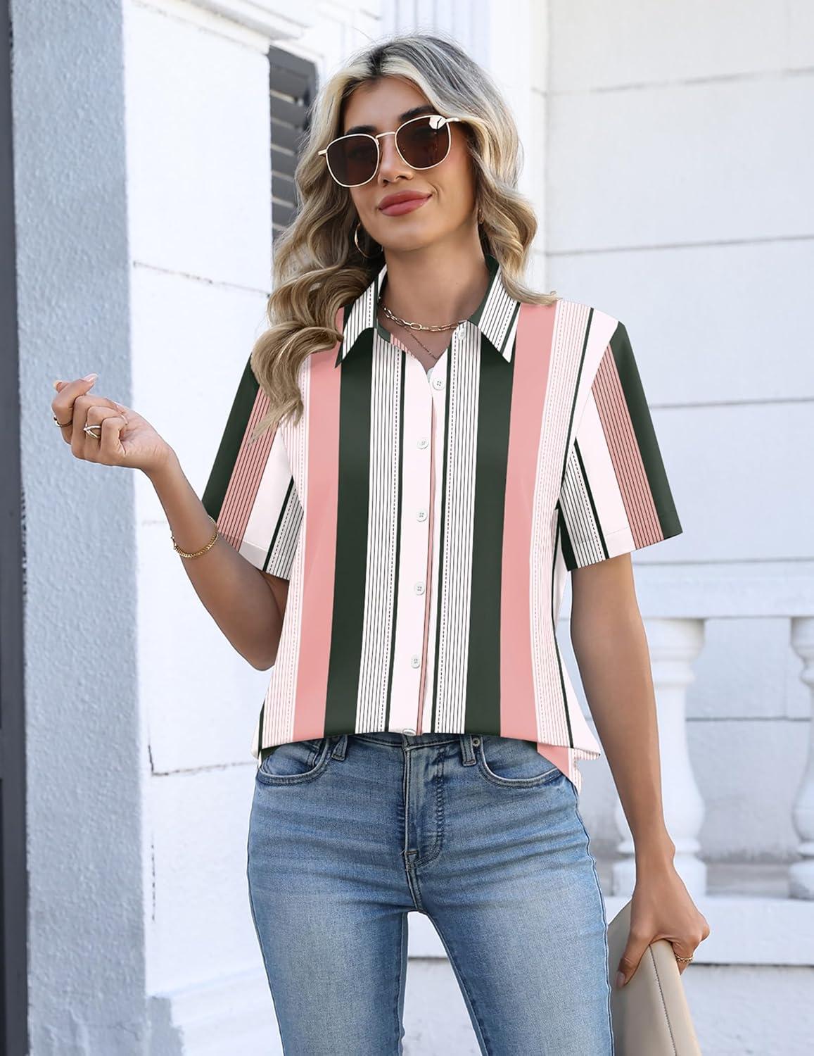 imageZeagoo Womens Button Down Blouse Rolled Cuffed Short Sleeve Shirts Casual Work Blouse Summer Hawaiian OutfitsTz264