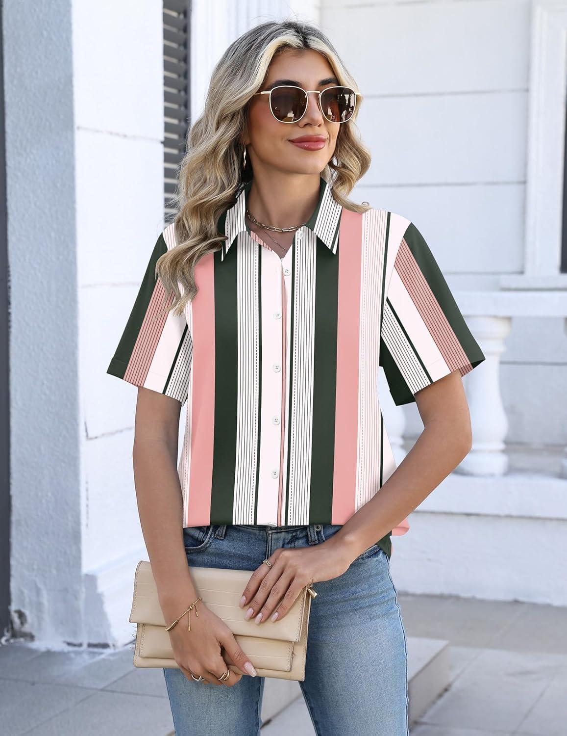 imageZeagoo Womens Button Down Blouse Rolled Cuffed Short Sleeve Shirts Casual Work Blouse Summer Hawaiian OutfitsTz264