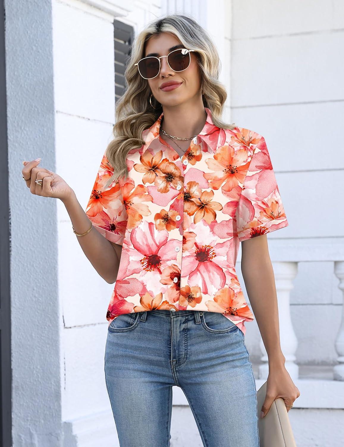 imageZeagoo Womens Button Down Blouse Rolled Cuffed Short Sleeve Shirts Casual Work Blouse Summer Hawaiian OutfitsWf97