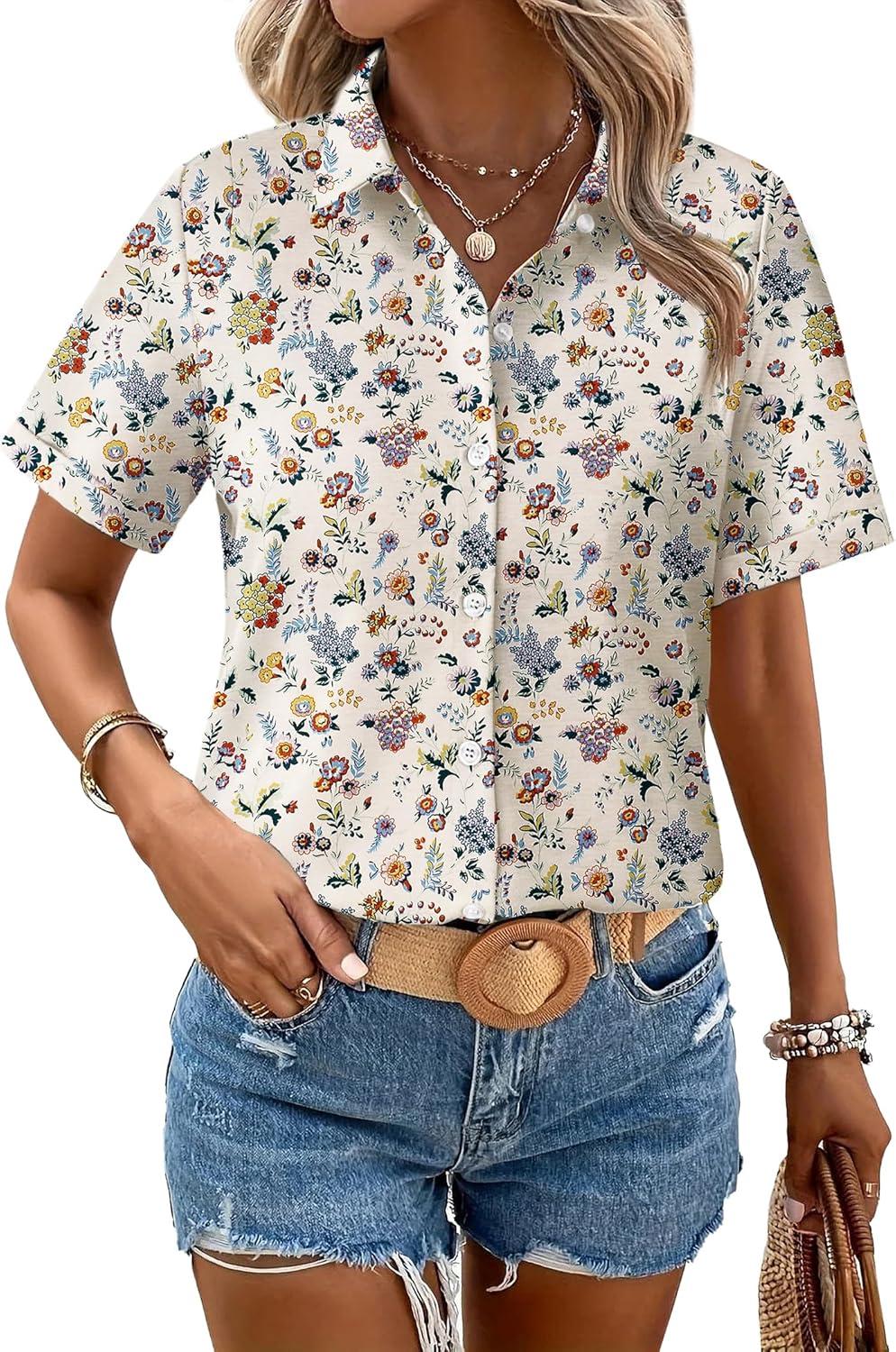 imageZeagoo Womens Button Down Blouse Rolled Cuffed Short Sleeve Shirts Casual Work Blouse Summer Hawaiian OutfitsXh216