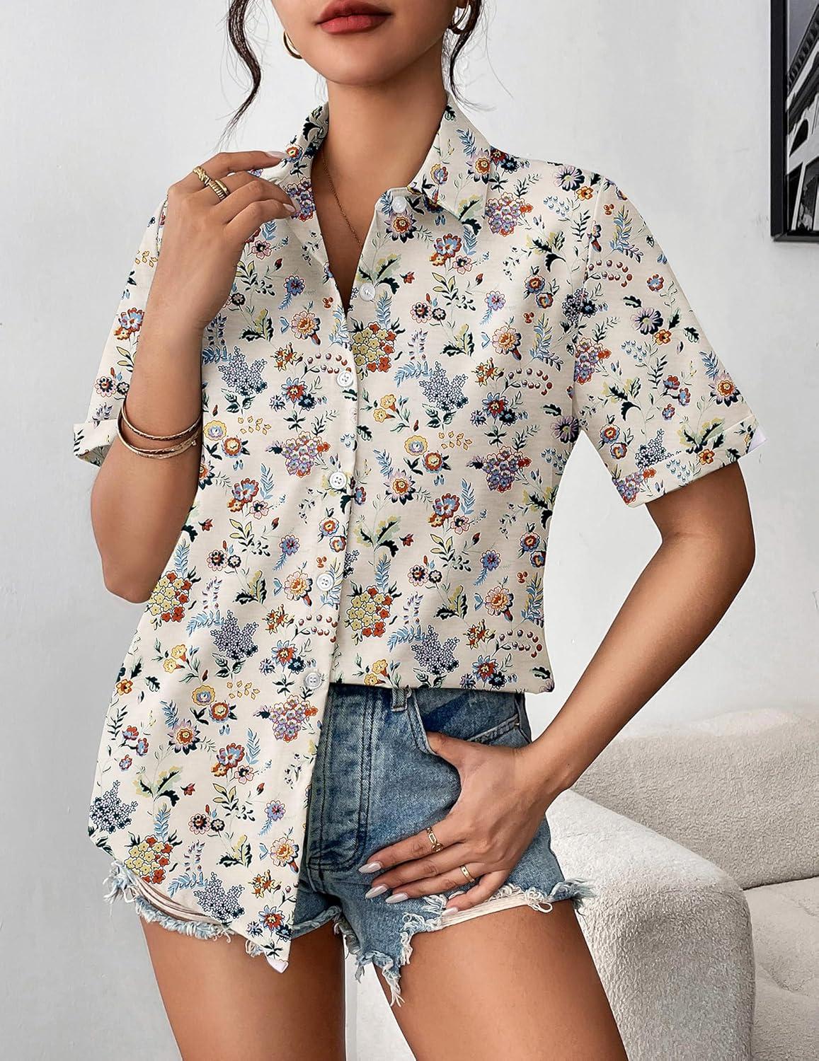 imageZeagoo Womens Button Down Blouse Rolled Cuffed Short Sleeve Shirts Casual Work Blouse Summer Hawaiian OutfitsXh216