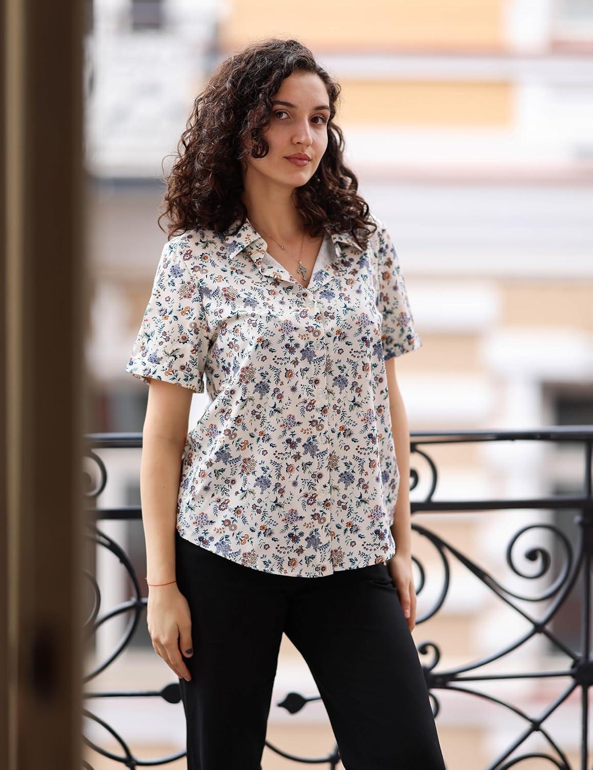 imageZeagoo Womens Button Down Blouse Rolled Cuffed Short Sleeve Shirts Casual Work Blouse Summer Hawaiian OutfitsXh216