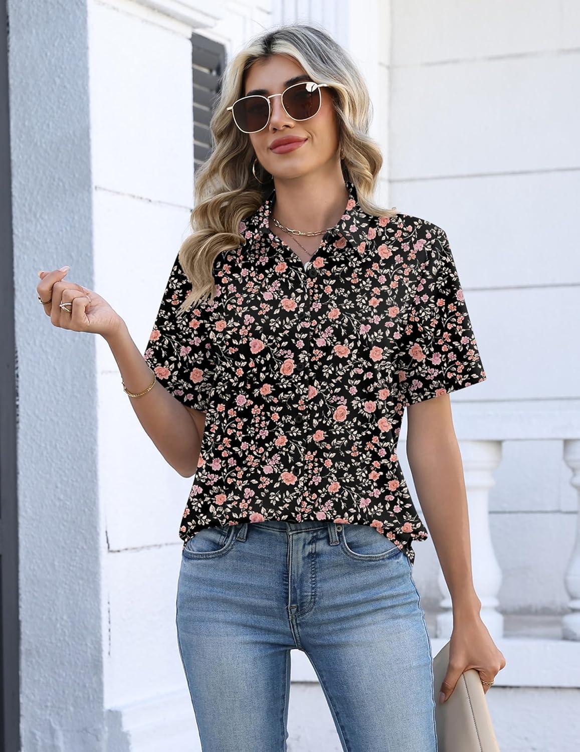 imageZeagoo Womens Button Down Blouse Rolled Cuffed Short Sleeve Shirts Casual Work Blouse Summer Hawaiian OutfitsXh532