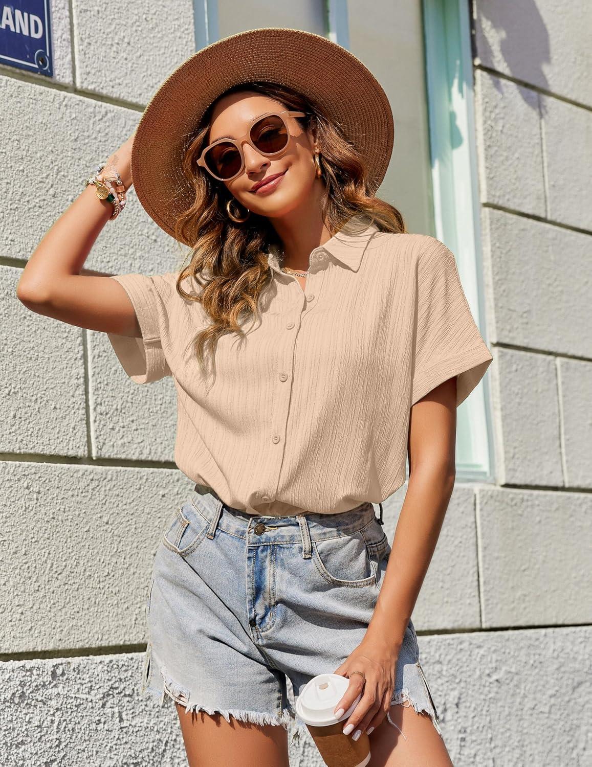 imageZeagoo Womens Button Down Shirts Casual Short Sleeve Dress Shirt Textured Collared Summer Clothes Work BlouseApricot