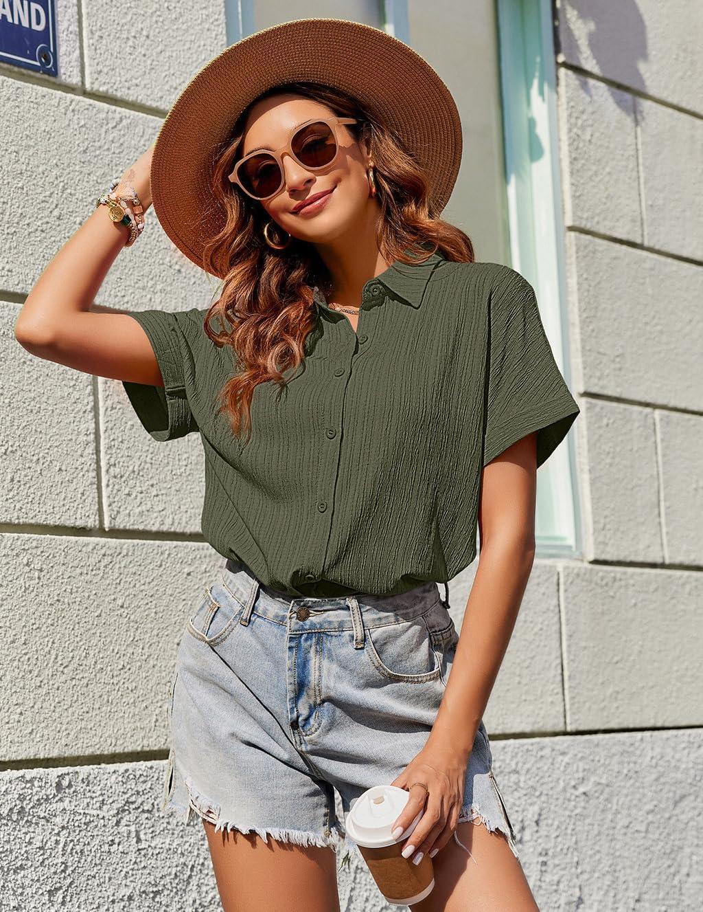 imageZeagoo Womens Button Down Shirts Casual Short Sleeve Dress Shirt Textured Collared Summer Clothes Work BlouseArmy Green