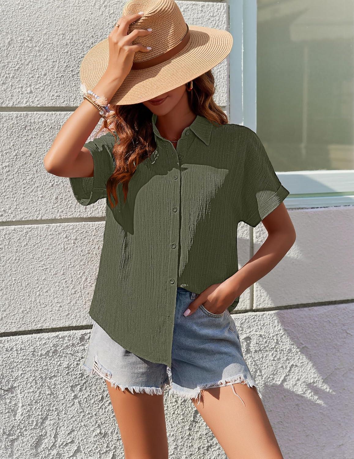 imageZeagoo Womens Button Down Shirts Casual Short Sleeve Dress Shirt Textured Collared Summer Clothes Work BlouseArmy Green