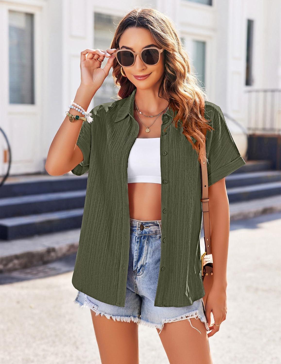 imageZeagoo Womens Button Down Shirts Casual Short Sleeve Dress Shirt Textured Collared Summer Clothes Work BlouseArmy Green