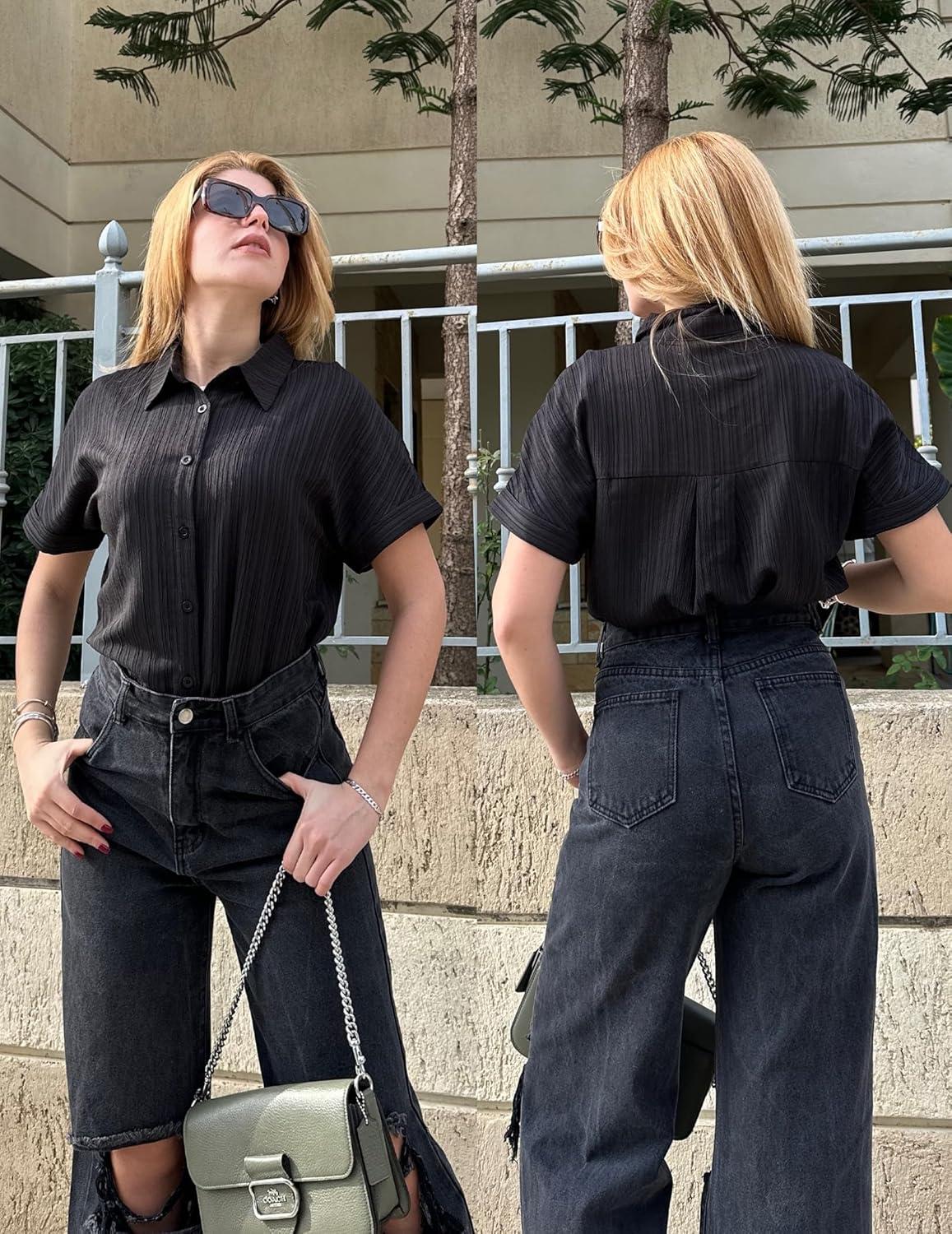 imageZeagoo Womens Button Down Shirts Casual Short Sleeve Dress Shirt Textured Collared Summer Clothes Work BlouseBlack