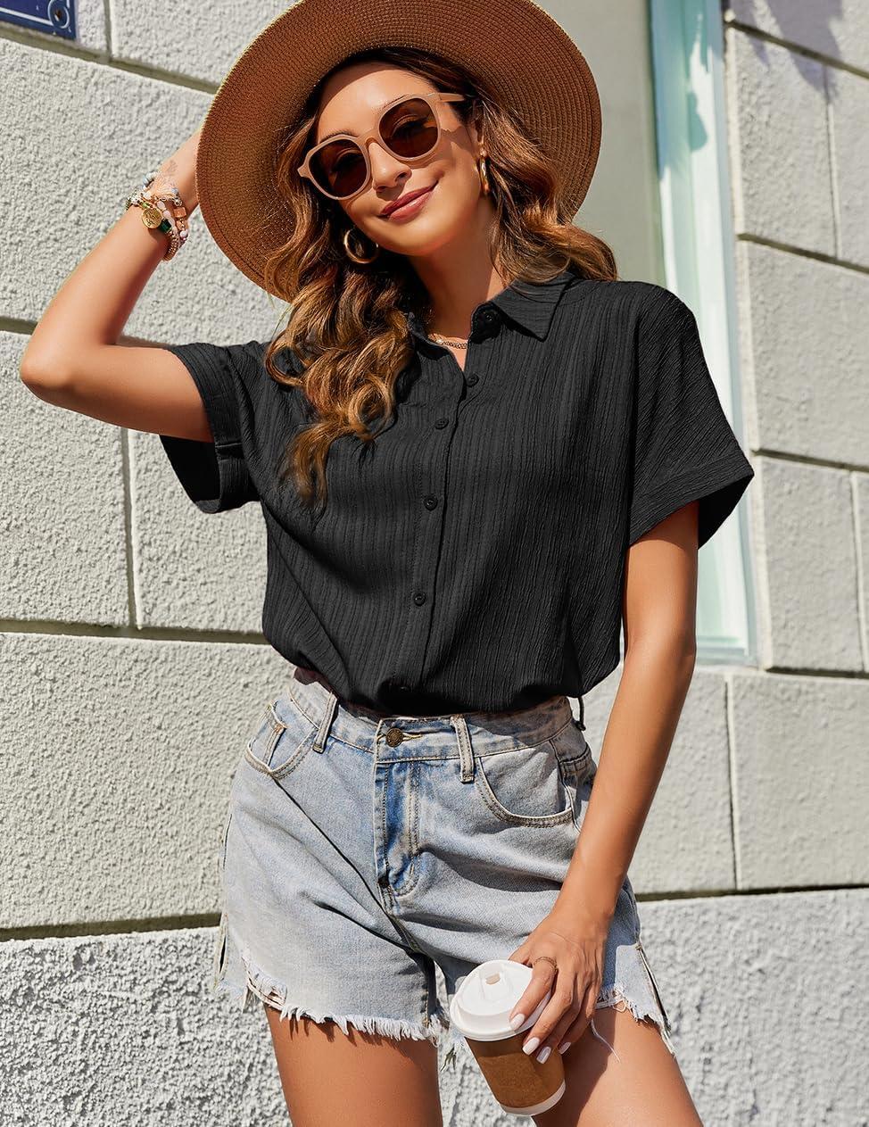 imageZeagoo Womens Button Down Shirts Casual Short Sleeve Dress Shirt Textured Collared Summer Clothes Work BlouseBlack