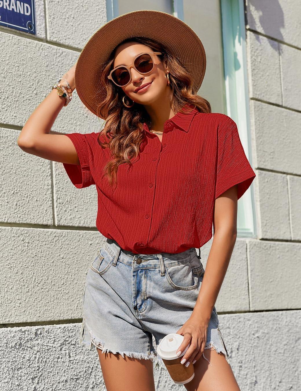imageZeagoo Womens Button Down Shirts Casual Short Sleeve Dress Shirt Textured Collared Summer Clothes Work BlouseBright Red