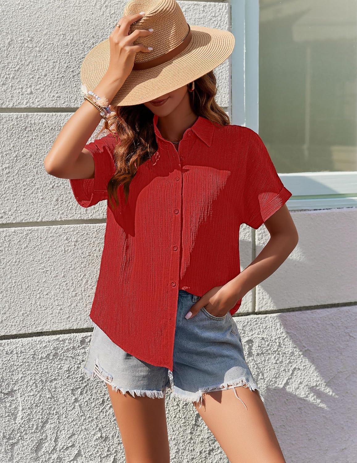 imageZeagoo Womens Button Down Shirts Casual Short Sleeve Dress Shirt Textured Collared Summer Clothes Work BlouseBright Red