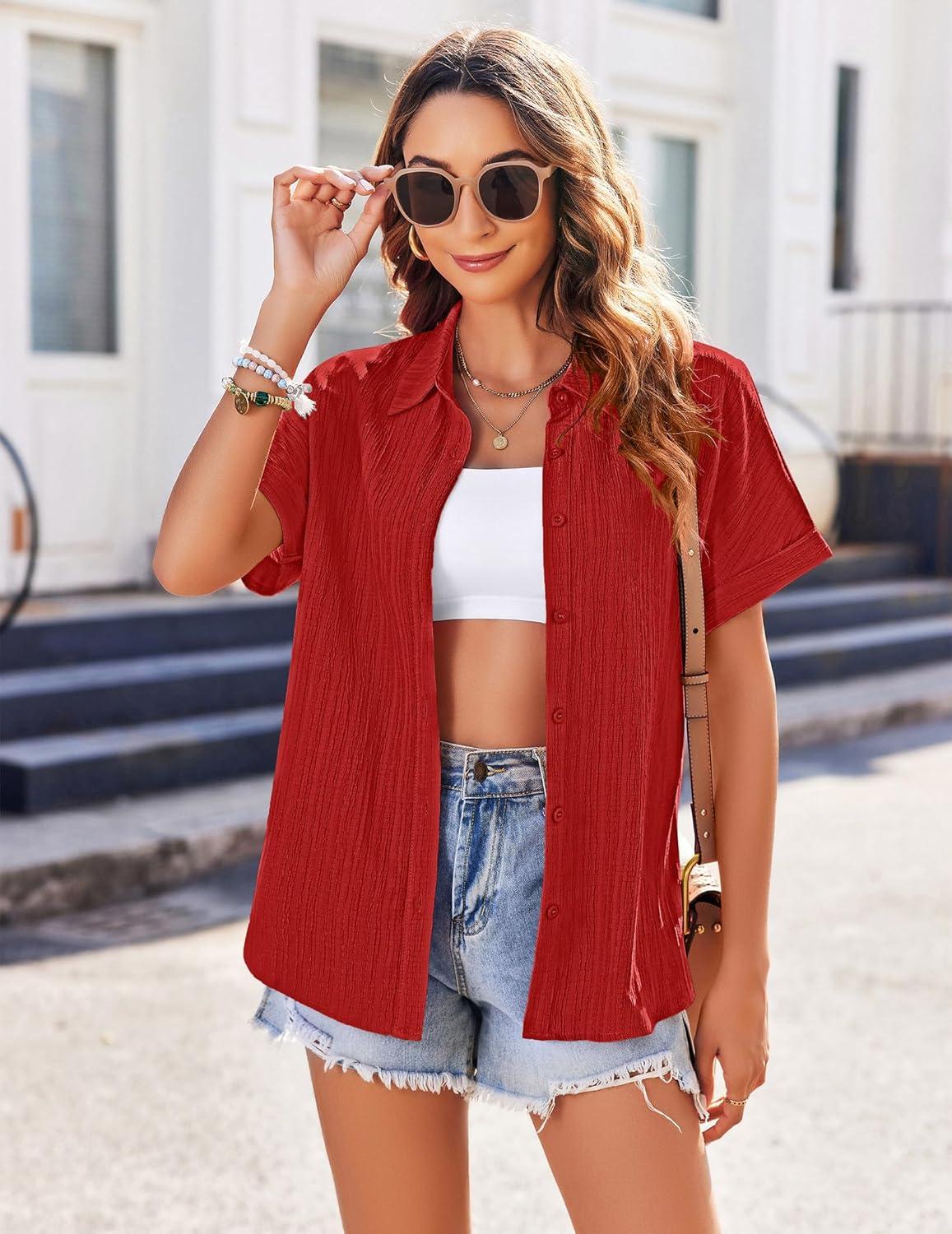 imageZeagoo Womens Button Down Shirts Casual Short Sleeve Dress Shirt Textured Collared Summer Clothes Work BlouseBright Red