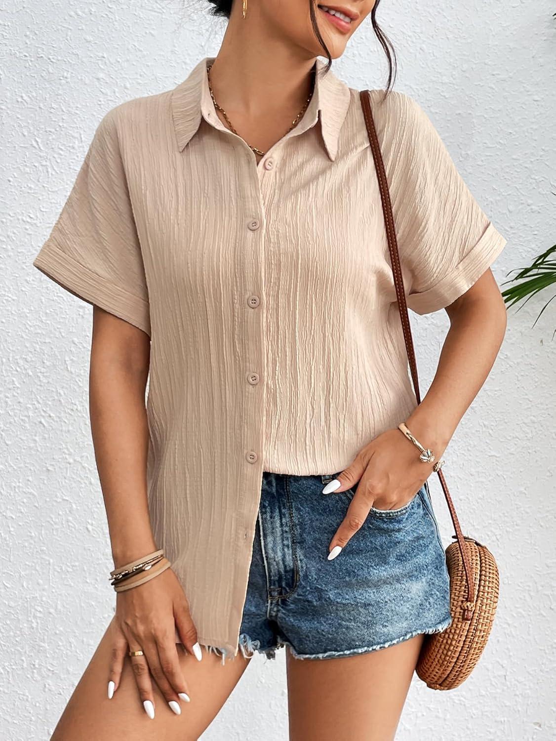 imageZeagoo Womens Button Down Shirts Casual Short Sleeve Dress Shirt Textured Collared Summer Clothes Work BlouseChampagne